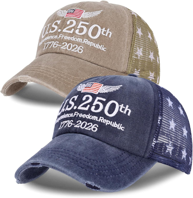 2 Pack 1776-2026 Independence Freedom Republic Hats Khaki & Navy
