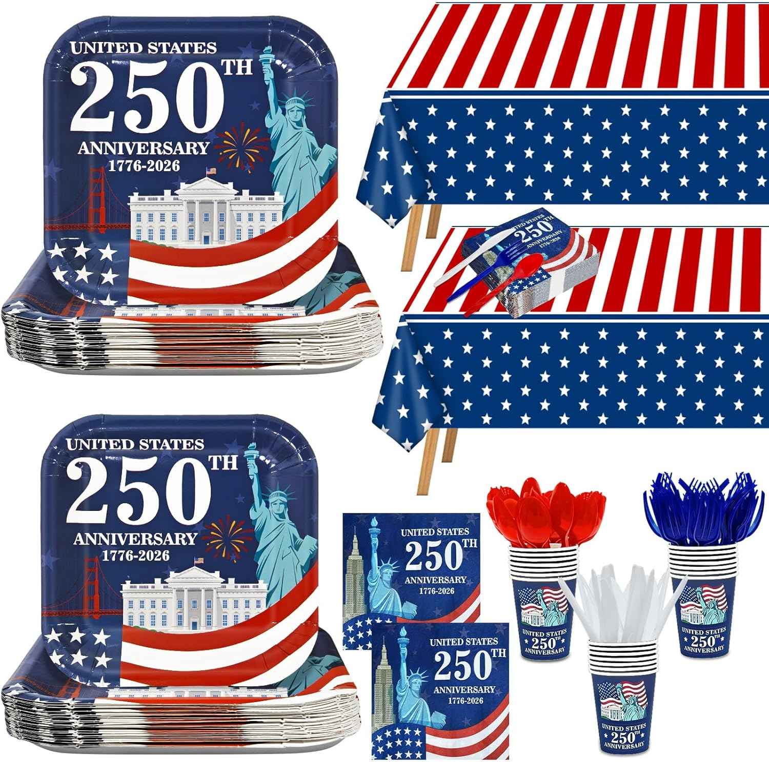 170 Pieces America 250th Anniversary: Plates Napkins Cups Knives Forks Spoons Tablecloths