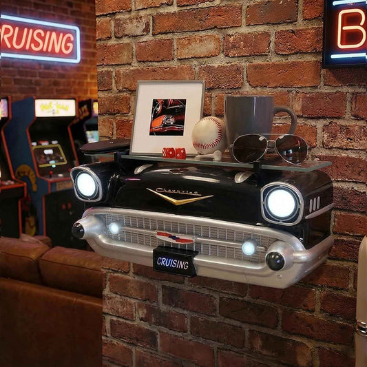 1957 Checy Bel AIr Floating Wall Shelf Tempered Glass, Battery Operated LED Headlights Black
