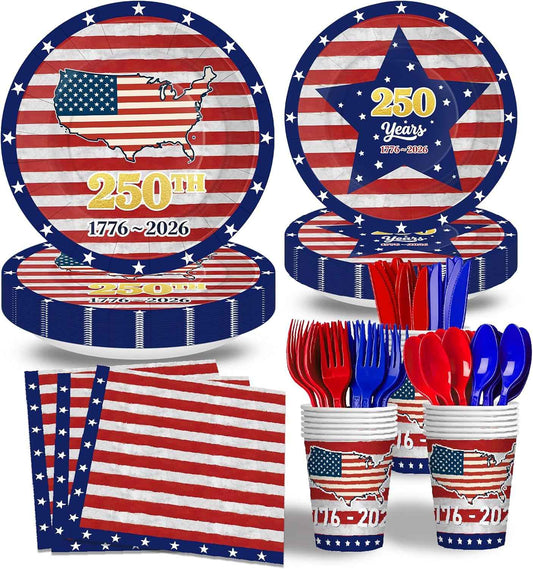168 Pieces America 250 Plates and Napkins, Cups, Knife and Forks