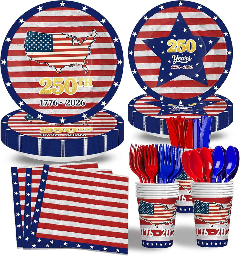 168 Pieces America 250 Plates and Napkins, Cups, Knife and Forks