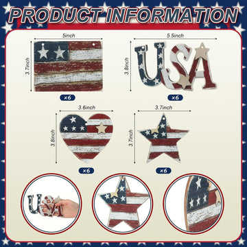 Junkin 24 Pcs Patriotic Wooden Ornaments Red White Blue Tree Decorations