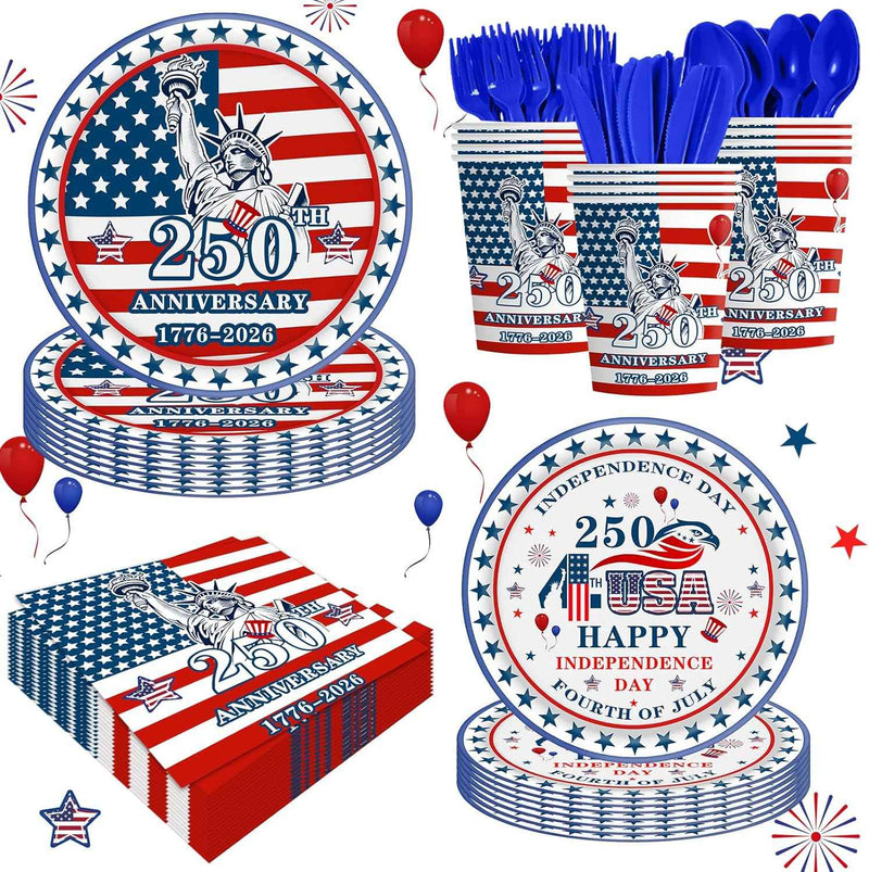 140 Piece America 250 Plates Napkins Knives, Forks and Spoons