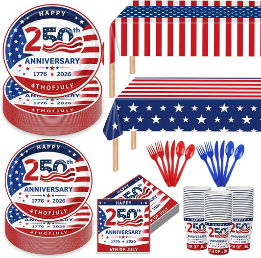 USA 250th Anniversary Disposable Paper Plates and Napkins Set - Serves 25
