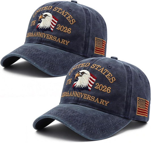 2 Pack 1776-2026 Anniversary Patriotic Embroidered Baseball Hats
