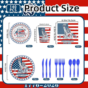 140 Piece America 250 Plates Napkins Knives, Forks and Spoons