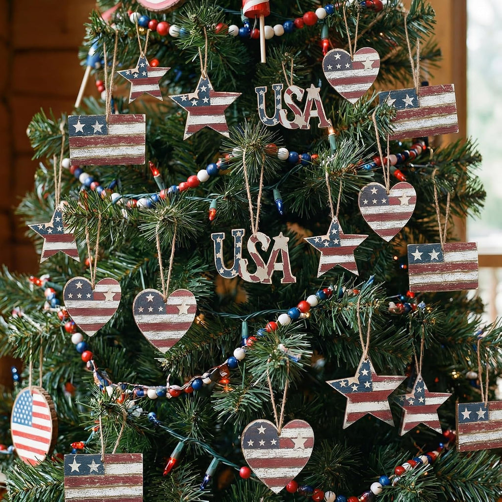 Junkin 24 Pcs Patriotic Wooden Ornaments Red White Blue Tree Decorations