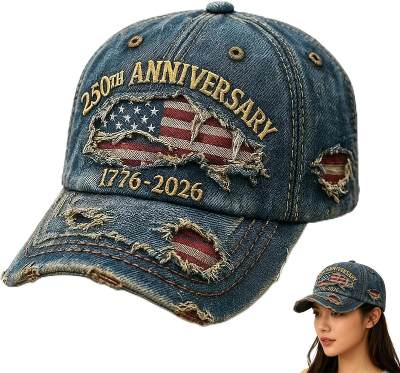 250th Anniversary 1776-2026 Retro Baseball Hat Blue Worn Tattered Denim