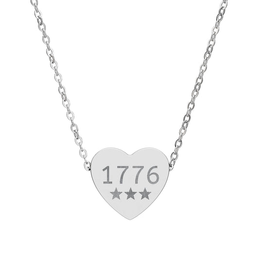 Engraved 1776 Heart Necklace — Patriotic Stainless / Silver Pendant