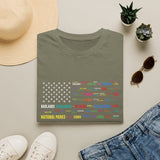 National Parks Flag T-Shirt — Colorful Badge Names (Badlands, Sequoia)