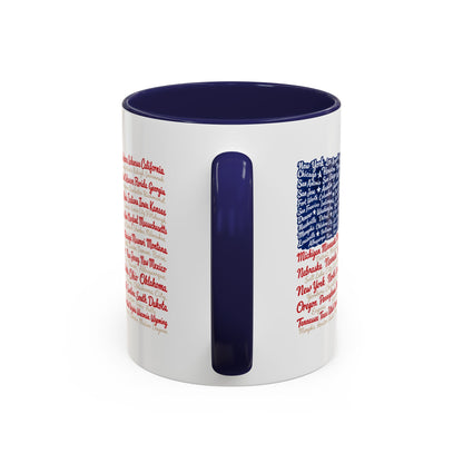 American Flag State & City Names Accent Coffee Mug — Patriotic 15oz