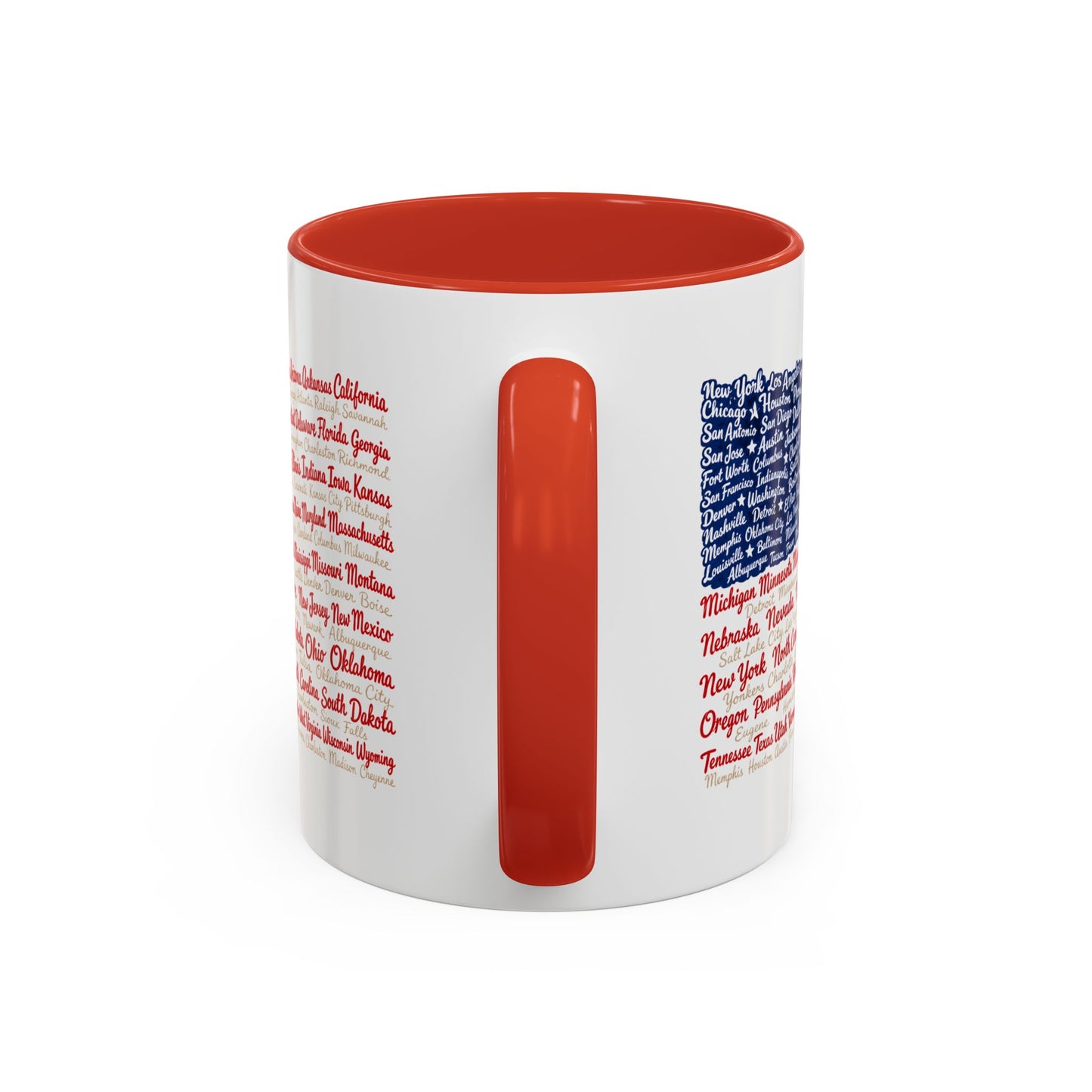 American Flag State & City Names Accent Coffee Mug — Patriotic 15oz