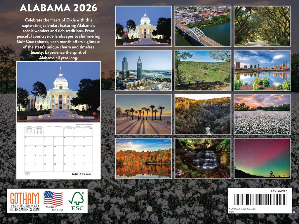 Alabama Calendar 2026 Wall 12 Month Monthly AL Scenic Souvenirs Themed Gifts American Made In The USA Newport RI 2026 main product photo