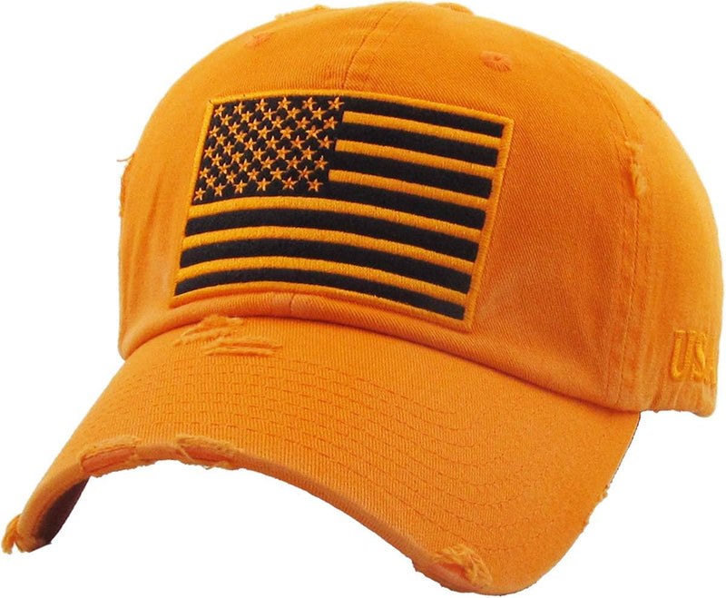Orange American Flag Patch Vintage Distressed Baseball Hat Soft product photo