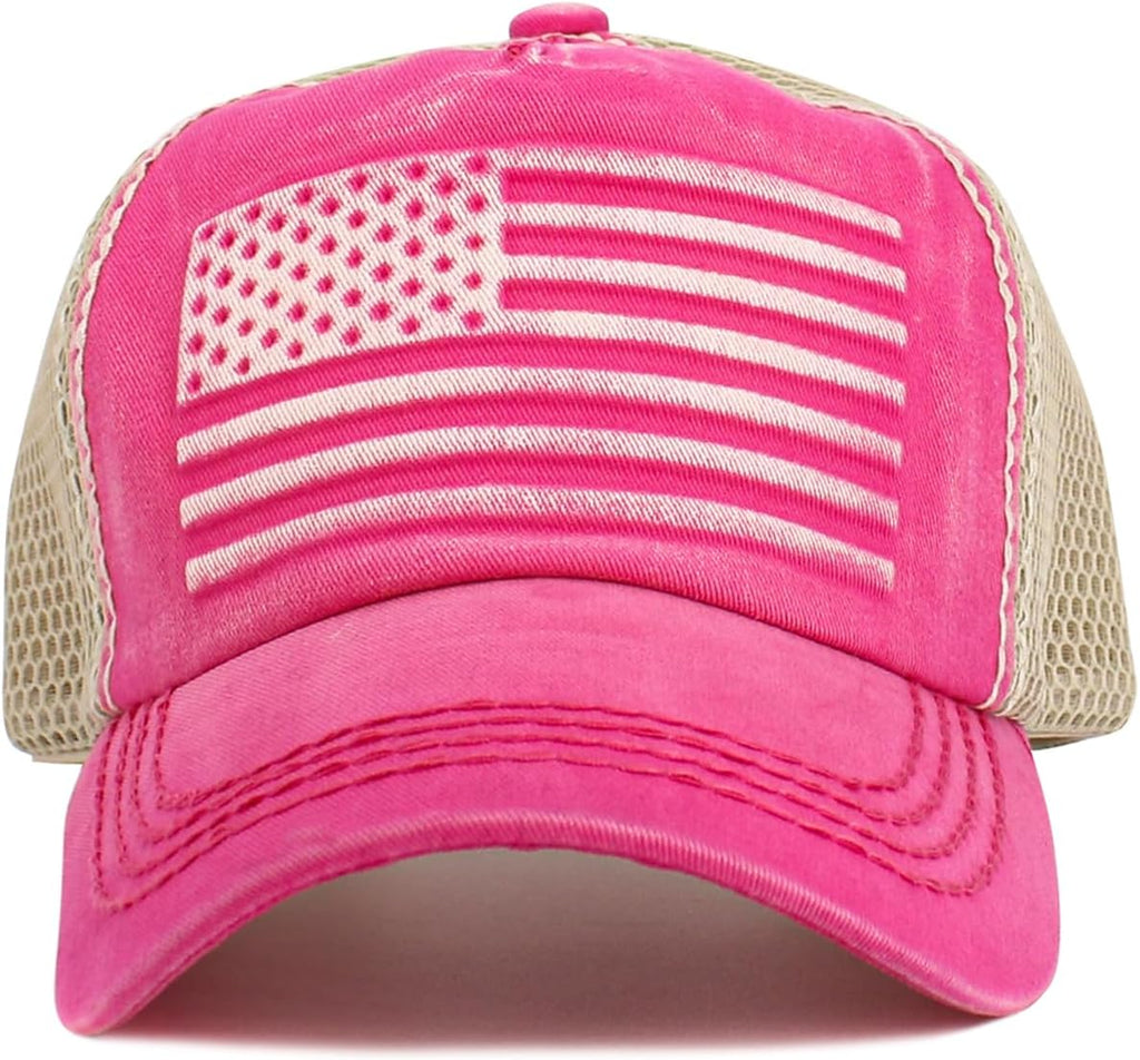 Pink American Flag Patch Trucker Hat w Mesh Back Women product photo