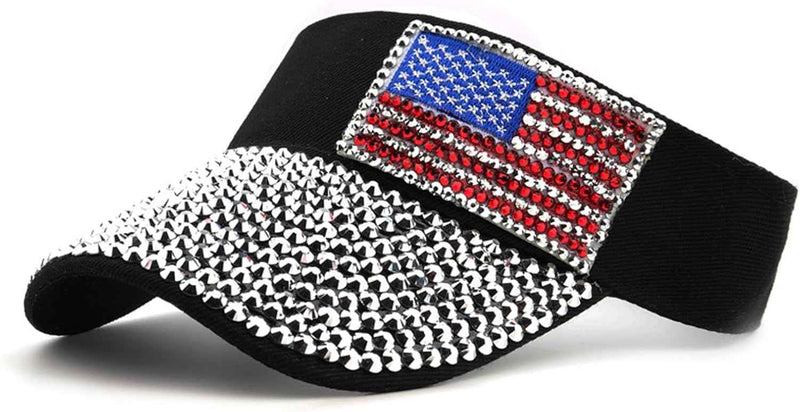 Sparkling Rhinestone American Flag Sun Visor Hat Flag Visor Bling Patriotic Hat for Women 4th July Black product photo