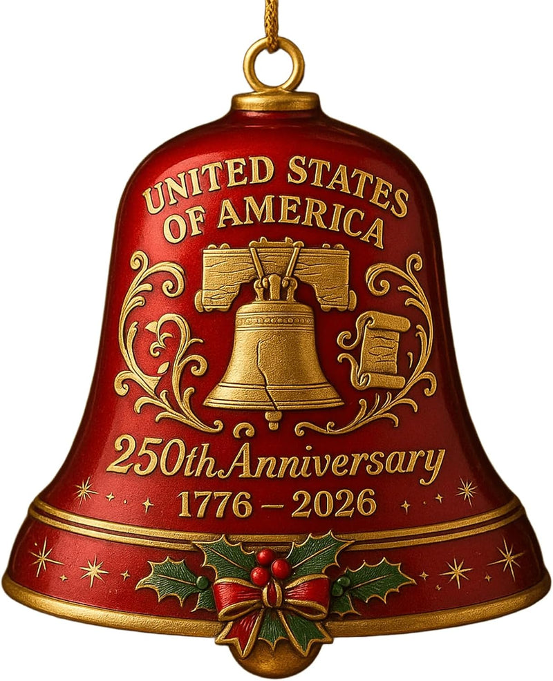 USA 250th Anniversary Red Gold Bell Ornament 3D Handmade Christmas Tree Decoration product photo