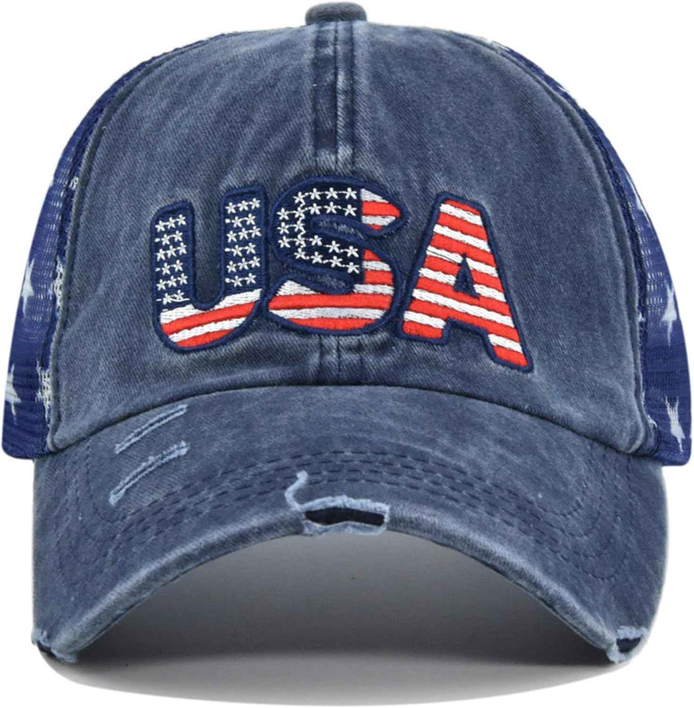 USA Embroidered Distressed Hat Mesh Back Stars Adjustable Blue product photo