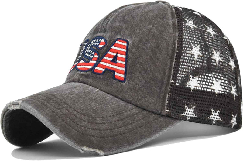 USA Embroidered Distressed Hat Mesh Back Stars Adjustable Grey product photo