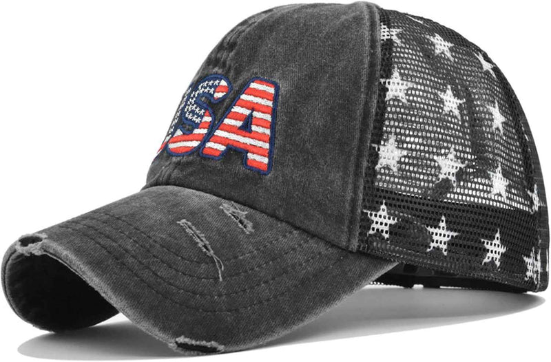 USA Embroidered Distressed Hat Mesh Back Stars Adjustable Black product photo