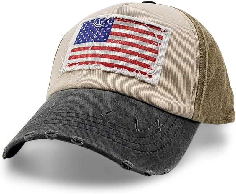 Vintage Distressed American Flag Patch Baseball Hat USA Black Khaki product photo