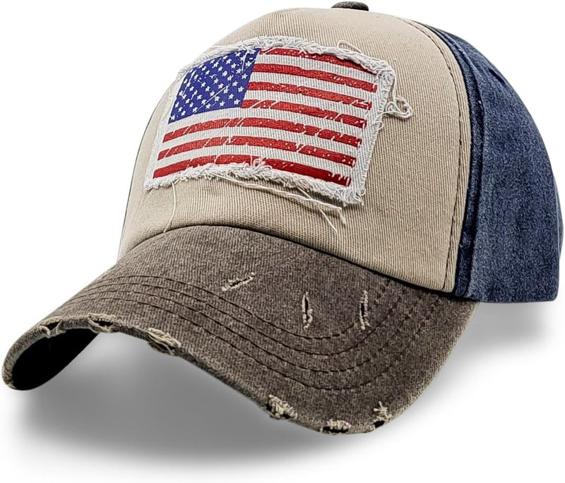 Vintage Distressed American Flag Patch Baseball Hat USA Brown Blue product photo