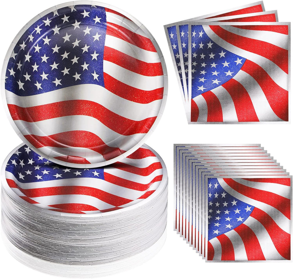 50 Disposable American Flag Paper Plates and 50 Napkins Red White and Blue main product photo