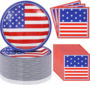 50 Disposable American Flag Paper Plates and 50 Napkins Red White and Blue product photo 2