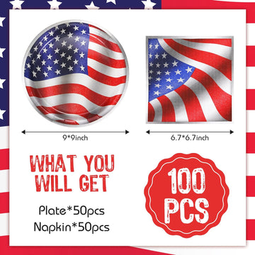 50 Disposable American Flag Paper Plates and 50 Napkins Red White and Blue product photo 3