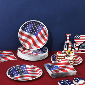 50 Disposable American Flag Paper Plates and 50 Napkins Red White and Blue product photo 6