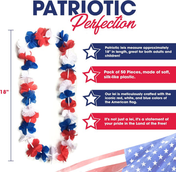 50 Patriotic Plastic Red Blue and White Flower Leis product photo 4