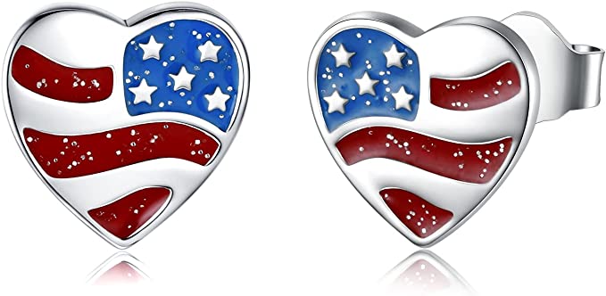 American Flag Earrings 925 Sterling Silver Choice of Star, Bar, Heart or Round Shaped