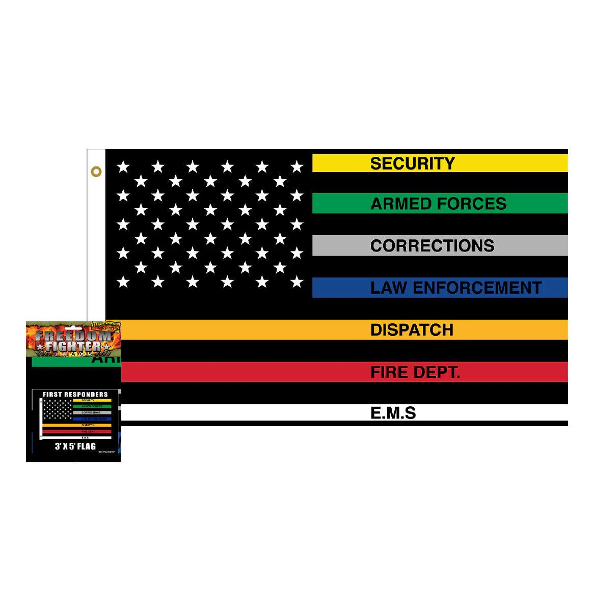 All First Responders American Flag with Yellow, Green, Grey, Blue, Orange, Red & White Stripes