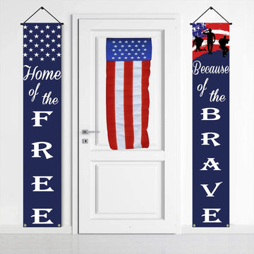 American Flag Patriotic Soldier Porch Sign Banners Home of the Free Brave product photo 2