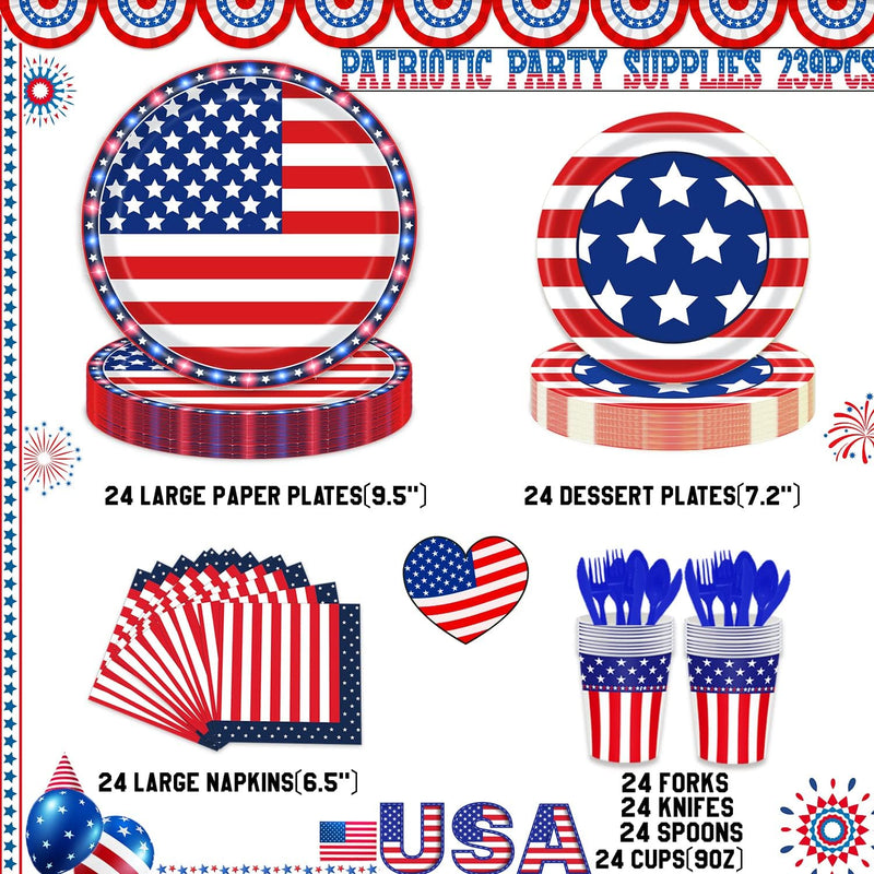 239 Pieces Fourth of July Red White Blue Plates and Napkins with Tablecloth Balloons main product photo