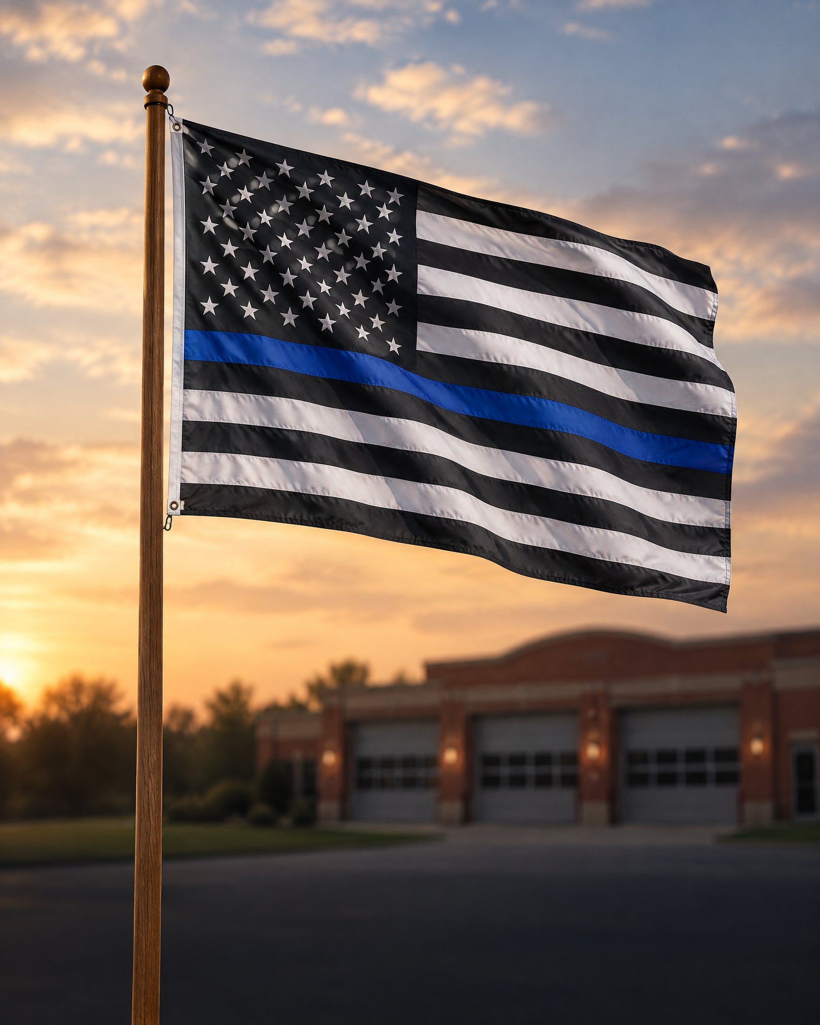 Thin blue line American flag flying outside a fire station at golden hour