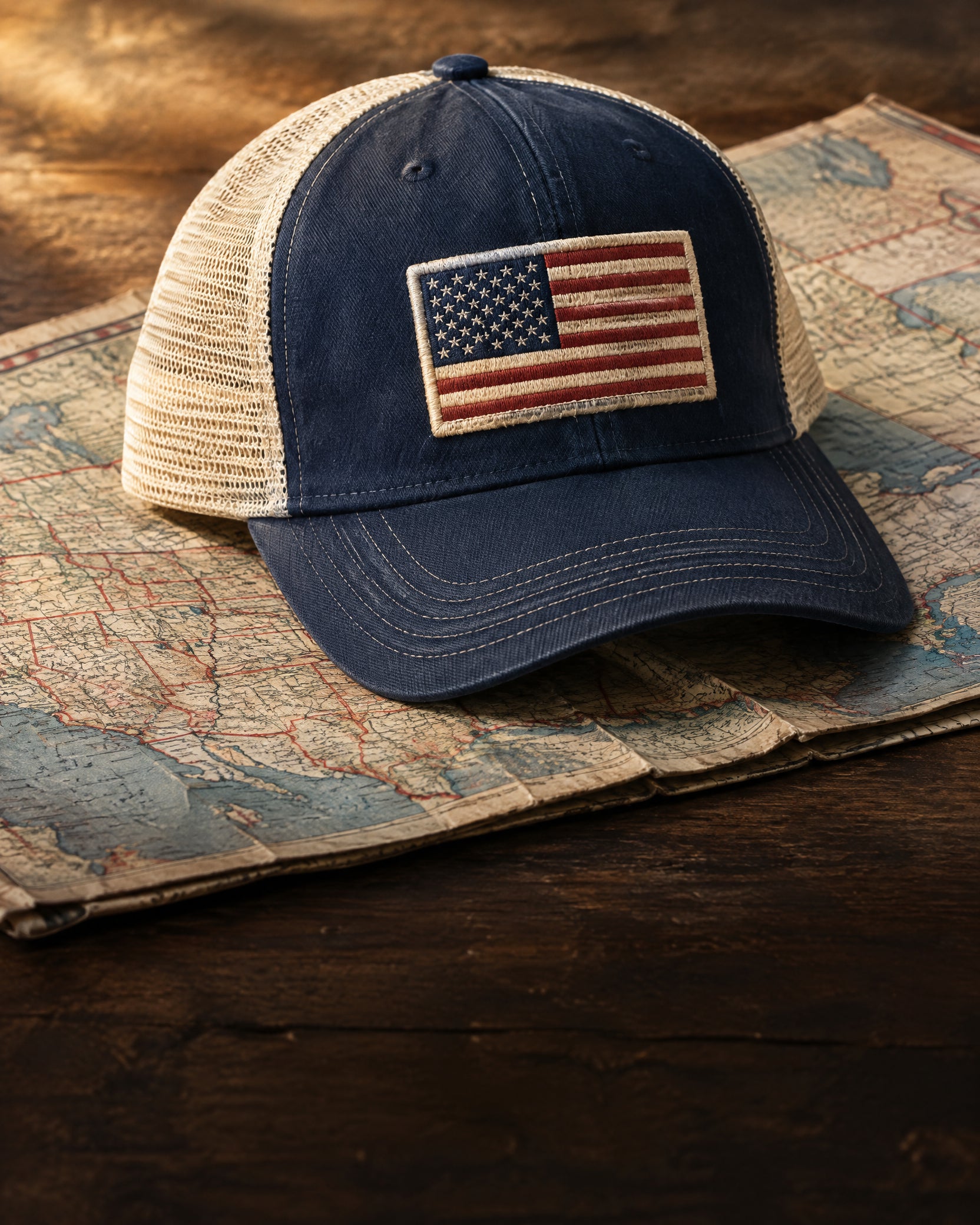 American flag patch trucker hat on a vintage United States road atlas